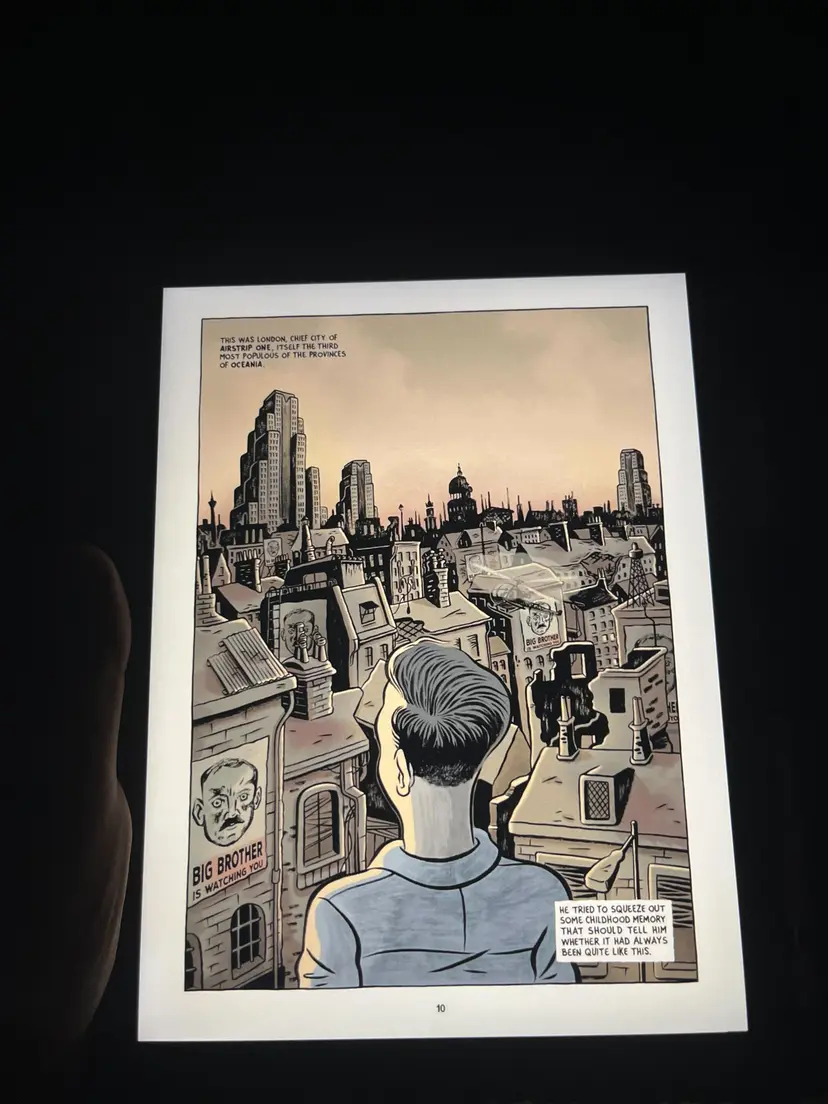 Digital comic book page from 1984 graphic novel showing dystopian city scene